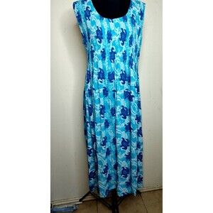 Kaktus Blue White Sea Turtle Madi Dress Size Large Gather High Waist Sleeveless